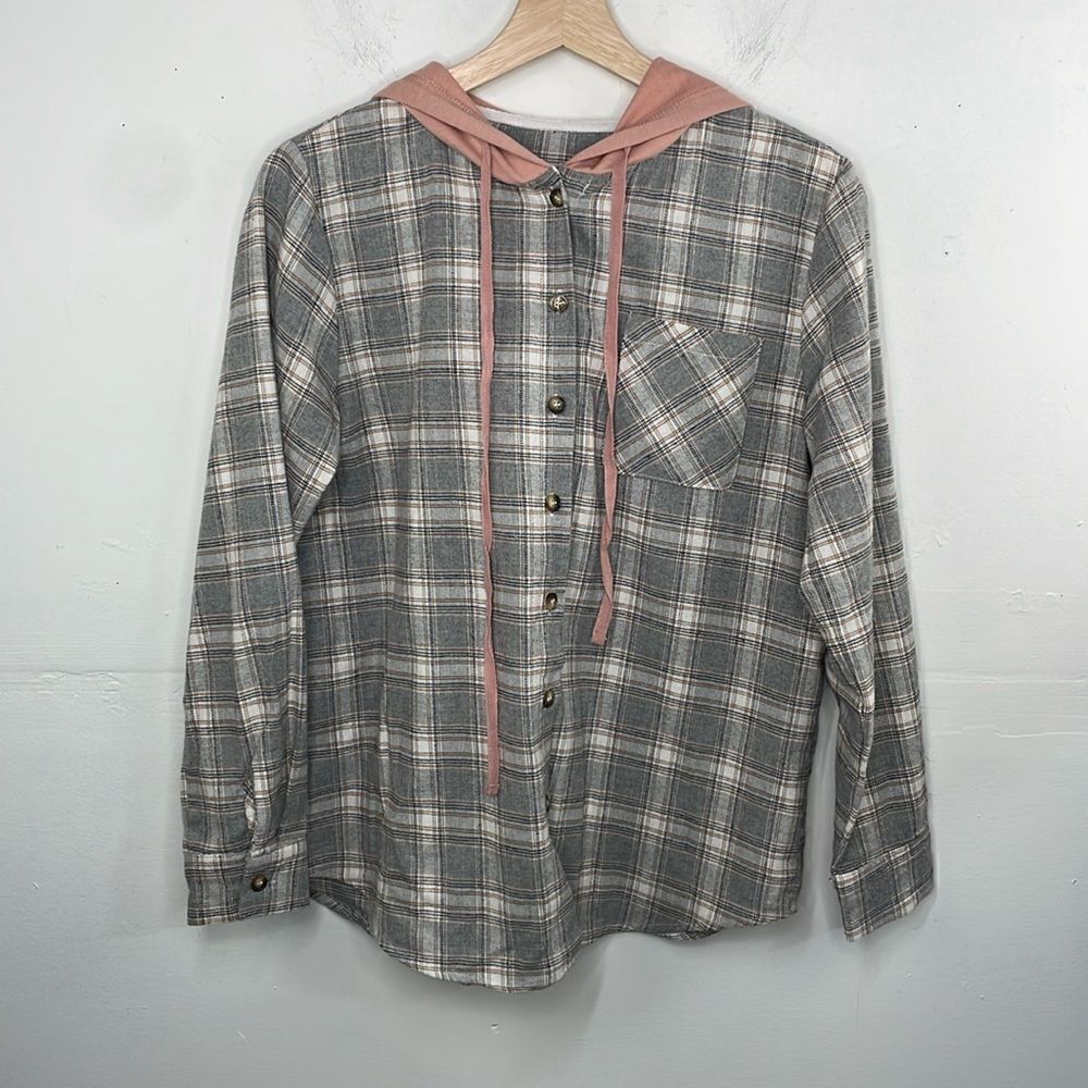 Flannel Plaid Long Sleeve Front Button Closure With Hood Shirt Gray Small Cotton
